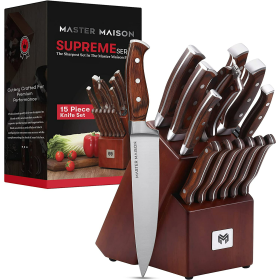 Master Maison 15-Piece Premium Kitchen Knife Set With Block | Master Maison German Stainless Steel Knives With Knife Sharpener & 6 Steak Knives (Walnu