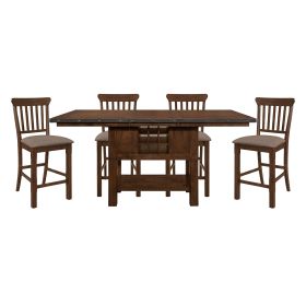 Dark Brown Finish 5pc Dining Set Storage Base Counter Height Table and 4 Counter Height Chairs Set Extension Leaf Drawers Wine Rack Table Base Wooden